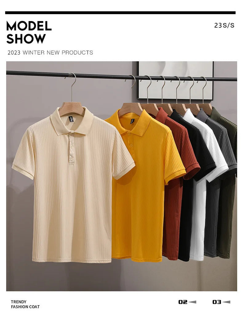 1pcs Men's Business Short Sleeved Solid POLO Shirt Ice Silk Casual Tees Fashion Breathable Comfort Versatile Tops Summer Tshirts