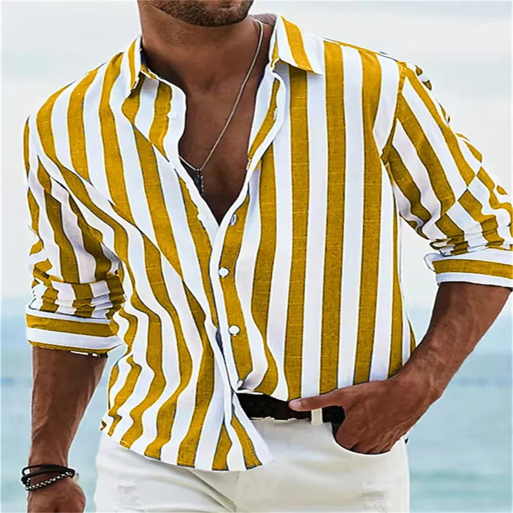 Fashion 2025 Men's Shirt Long Sleeve Striped Print Top Men Social Luxury Men's Wear Hawaiian Elegant Classic Fashion S-6XL