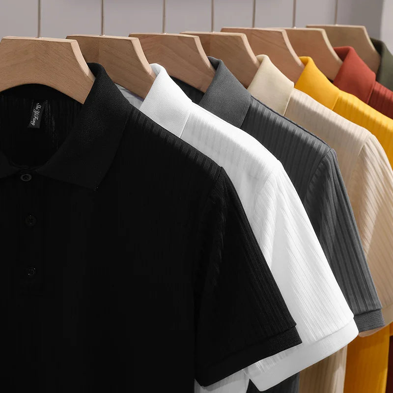 1pcs Men's Business Short Sleeved Solid POLO Shirt Ice Silk Casual Tees Fashion Breathable Comfort Versatile Tops Summer Tshirts