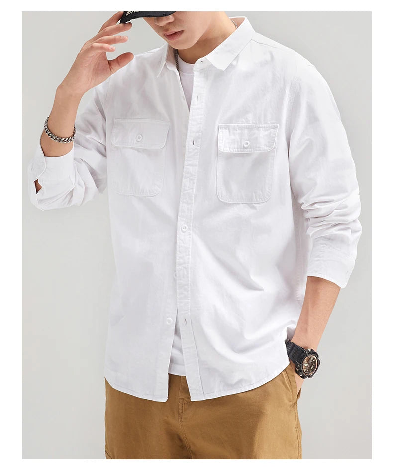 HIQOR New in Mens Vintage Shirt Male Lone Sleeve Cargo Shirts 100% Cotton Casual Solid Shirt Male Pocket Work Shirt Man Clothing