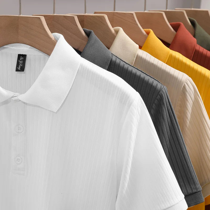 1pcs Men's Business Short Sleeved Solid POLO Shirt Ice Silk Casual Tees Fashion Breathable Comfort Versatile Tops Summer Tshirts