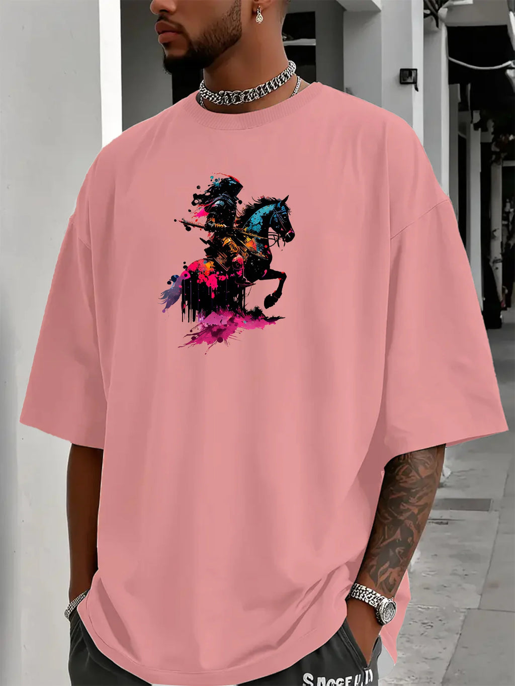 Mens Summer Casual Short-sleeved T-shirt with Knight and Axe Pattern Round Neck Design Loose Fit Comfortable Fabric Trendy Style