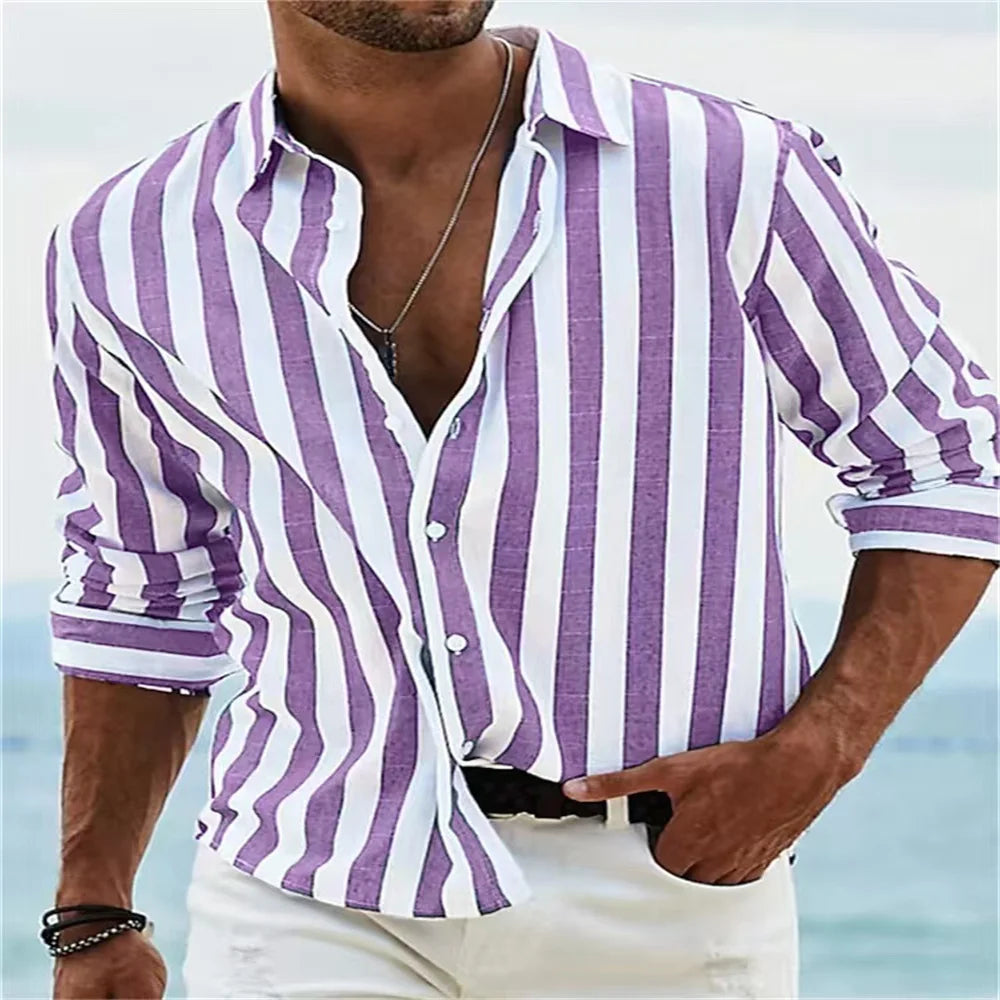 Fashion 2025 Men's Shirt Long Sleeve Striped Print Top Men Social Luxury Men's Wear Hawaiian Elegant Classic Fashion S-6XL