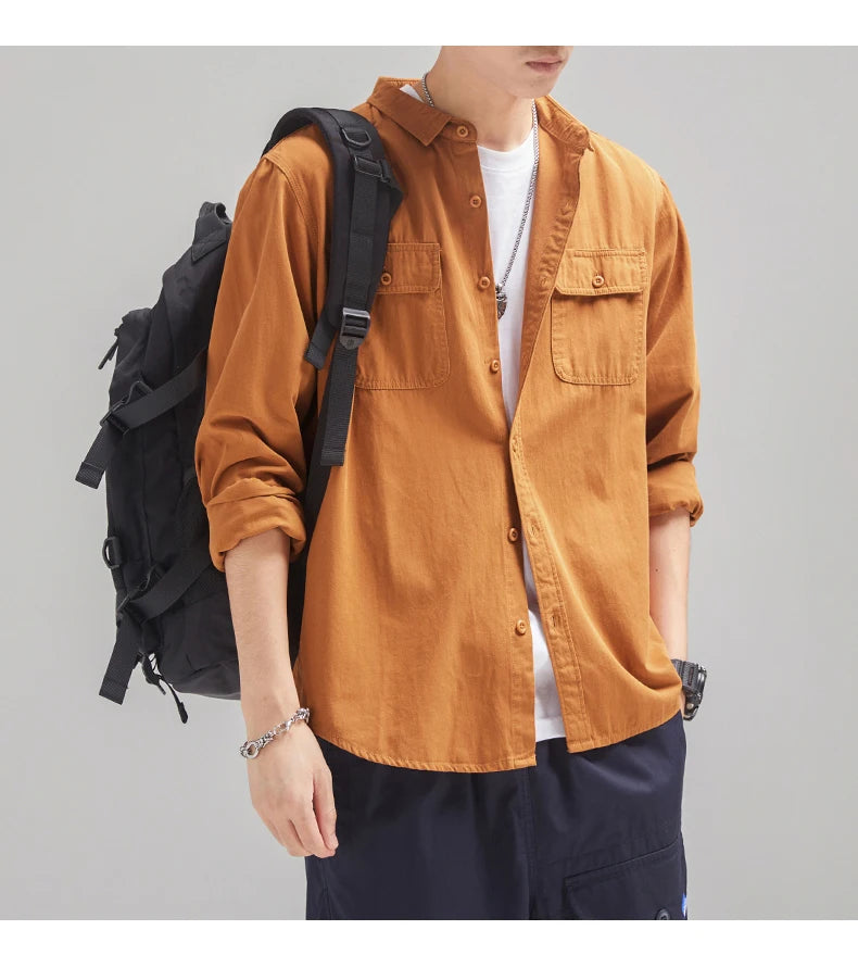 HIQOR New in Mens Vintage Shirt Male Lone Sleeve Cargo Shirts 100% Cotton Casual Solid Shirt Male Pocket Work Shirt Man Clothing