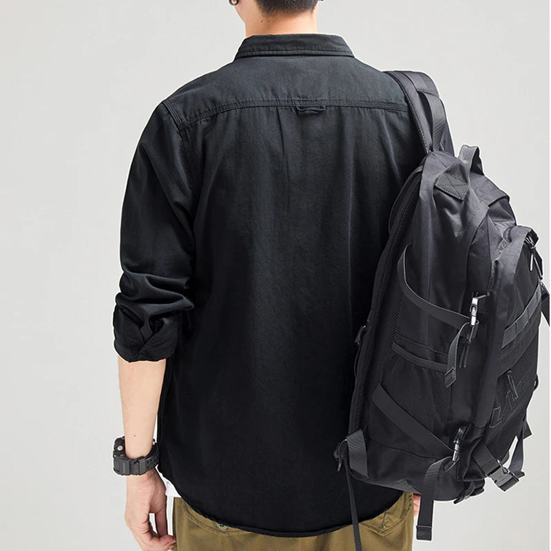 HIQOR New in Mens Vintage Shirt Male Lone Sleeve Cargo Shirts 100% Cotton Casual Solid Shirt Male Pocket Work Shirt Man Clothing