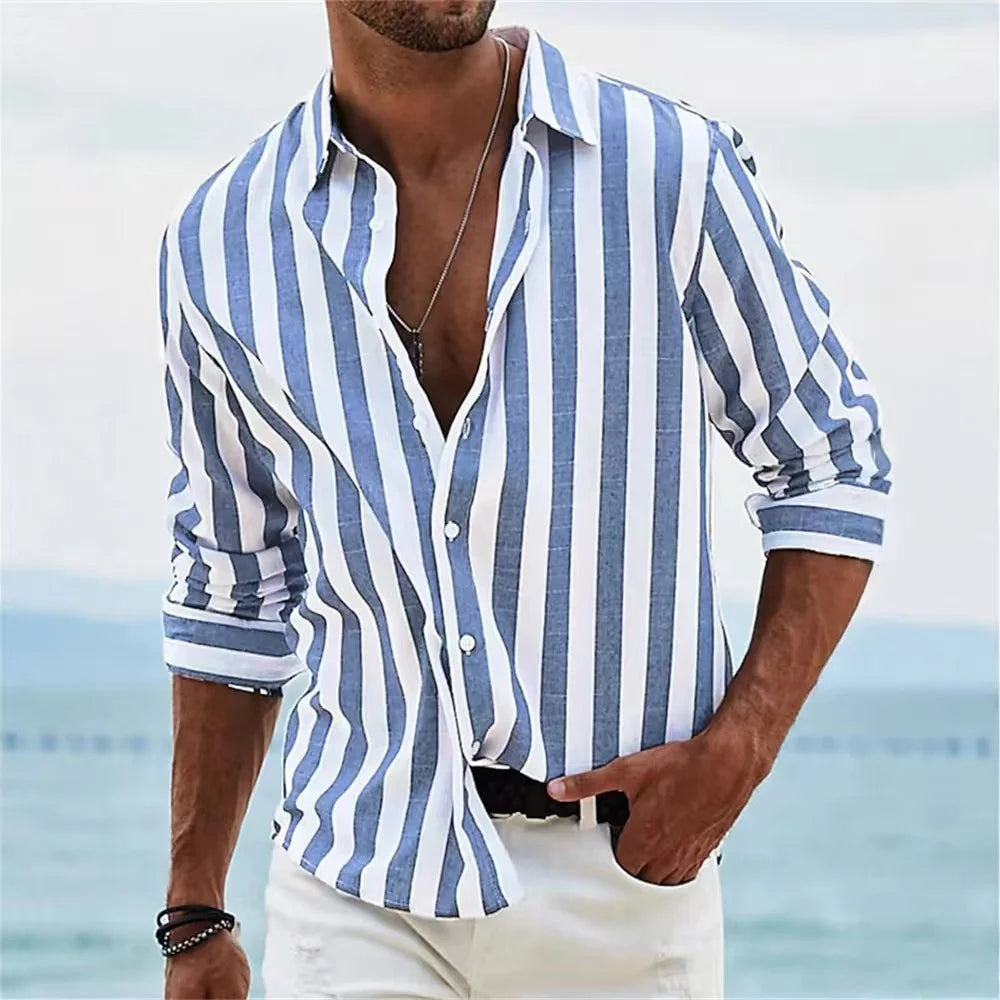 Fashion 2025 Men's Shirt Long Sleeve Striped Print Top Men Social Luxury Men's Wear Hawaiian Elegant Classic Fashion S-6XL