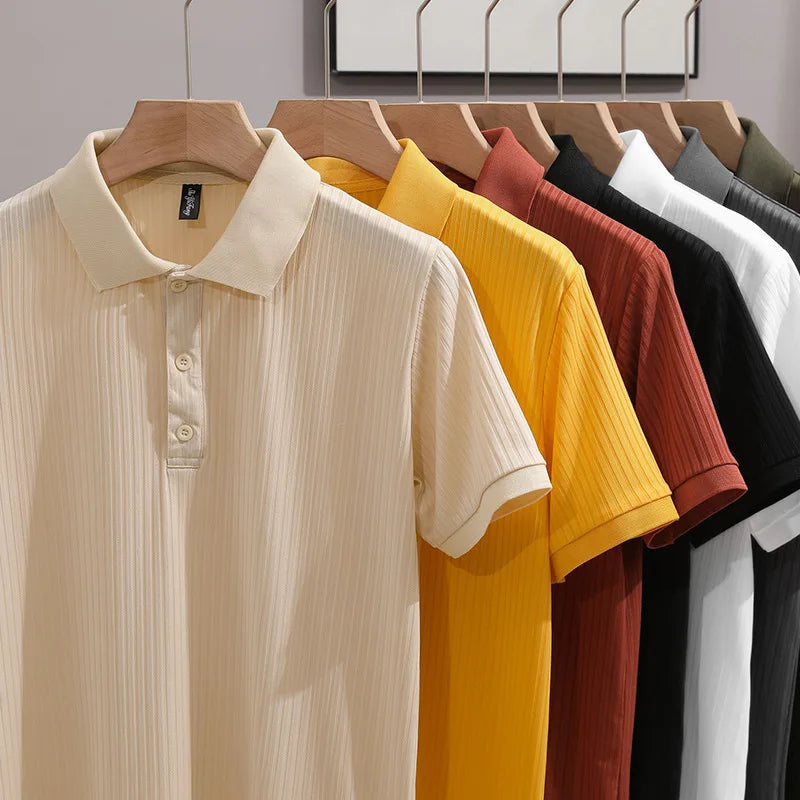1pcs Men's Business Short Sleeved Solid POLO Shirt Ice Silk Casual Tees Fashion Breathable Comfort Versatile Tops Summer Tshirts