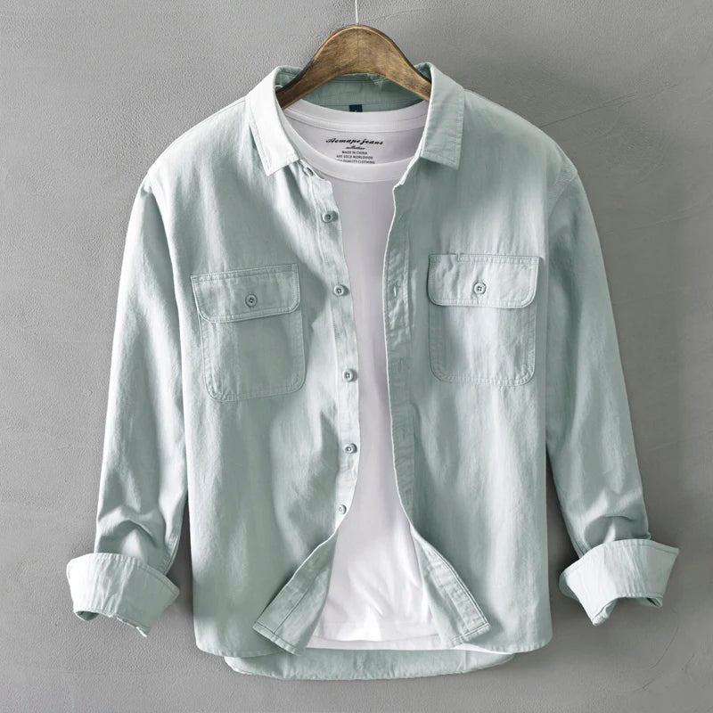 HIQOR New in Mens Vintage Shirt Male Lone Sleeve Cargo Shirts 100% Cotton Casual Solid Shirt Male Pocket Work Shirt Man Clothing