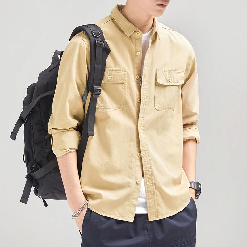HIQOR New in Mens Vintage Shirt Male Lone Sleeve Cargo Shirts 100% Cotton Casual Solid Shirt Male Pocket Work Shirt Man Clothing