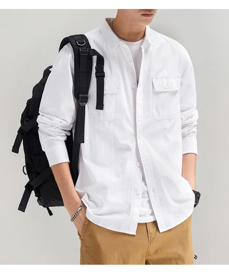 HIQOR New in Mens Vintage Shirt Male Lone Sleeve Cargo Shirts 100% Cotton Casual Solid Shirt Male Pocket Work Shirt Man Clothing