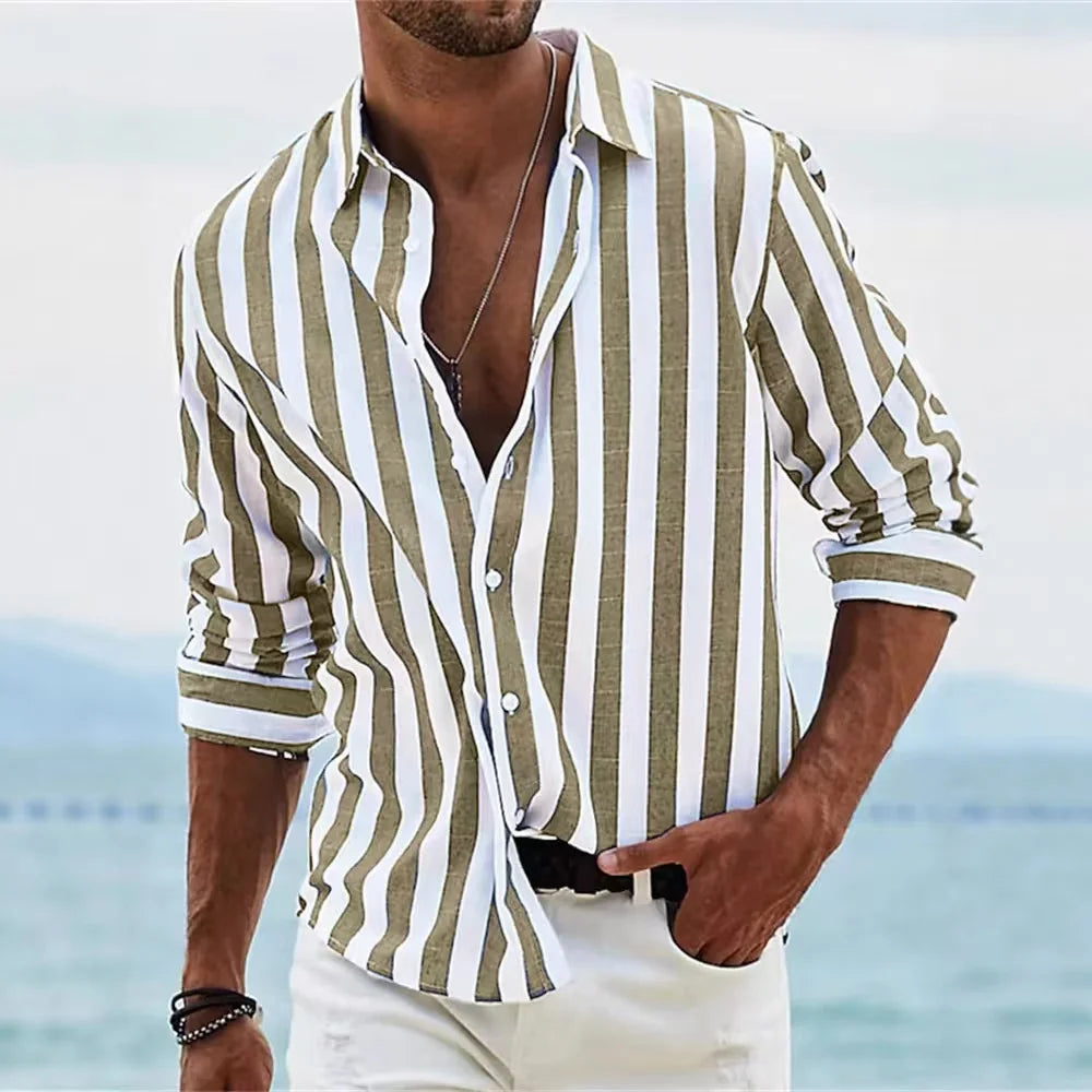 Fashion 2025 Men's Shirt Long Sleeve Striped Print Top Men Social Luxury Men's Wear Hawaiian Elegant Classic Fashion S-6XL